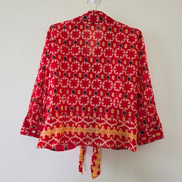 Lafayette 148 New York Red Ikat Print Button Front Blouse Women Sz 14 Tie Front - Picture 7 of 13